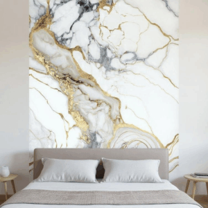 Chambre avec Plaque pvc marbre doré sur mur principal