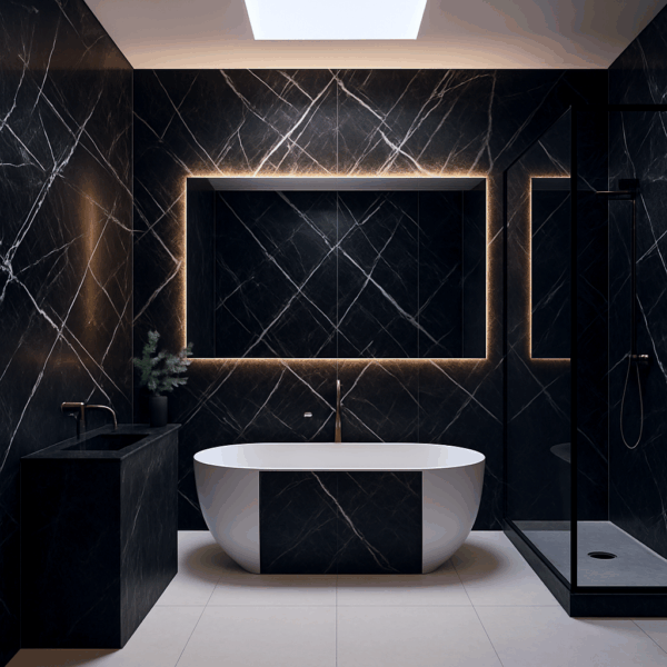 Salle de bain moderne pvc marbre noir veines blanches