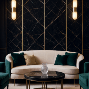 Salon Art Déco avec mur PVC marbre noir