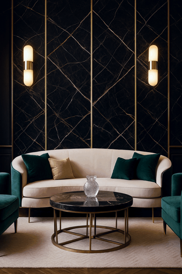 Salon Art Déco avec mur PVC marbre noir