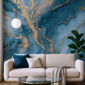 Salon Moderne avec Mur Entièrement en PVC Marbre