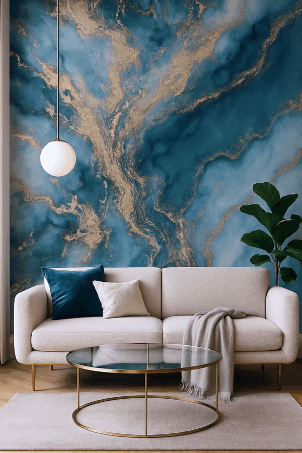 Salon Moderne avec Mur Entièrement en PVC Marbre