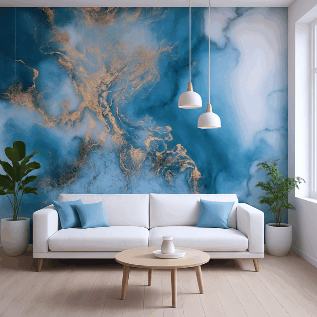 Salon Moderne avec Mur Entièrement en PVC Marbre