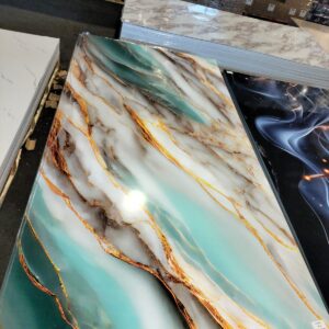 Panneau Décoratif PVC Marbre p13 bleu ciel doré 244x122 cm