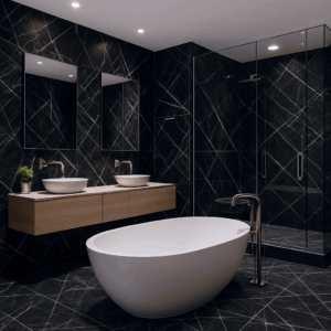 Salle de bain moderne pvc marbre noir veines blanches