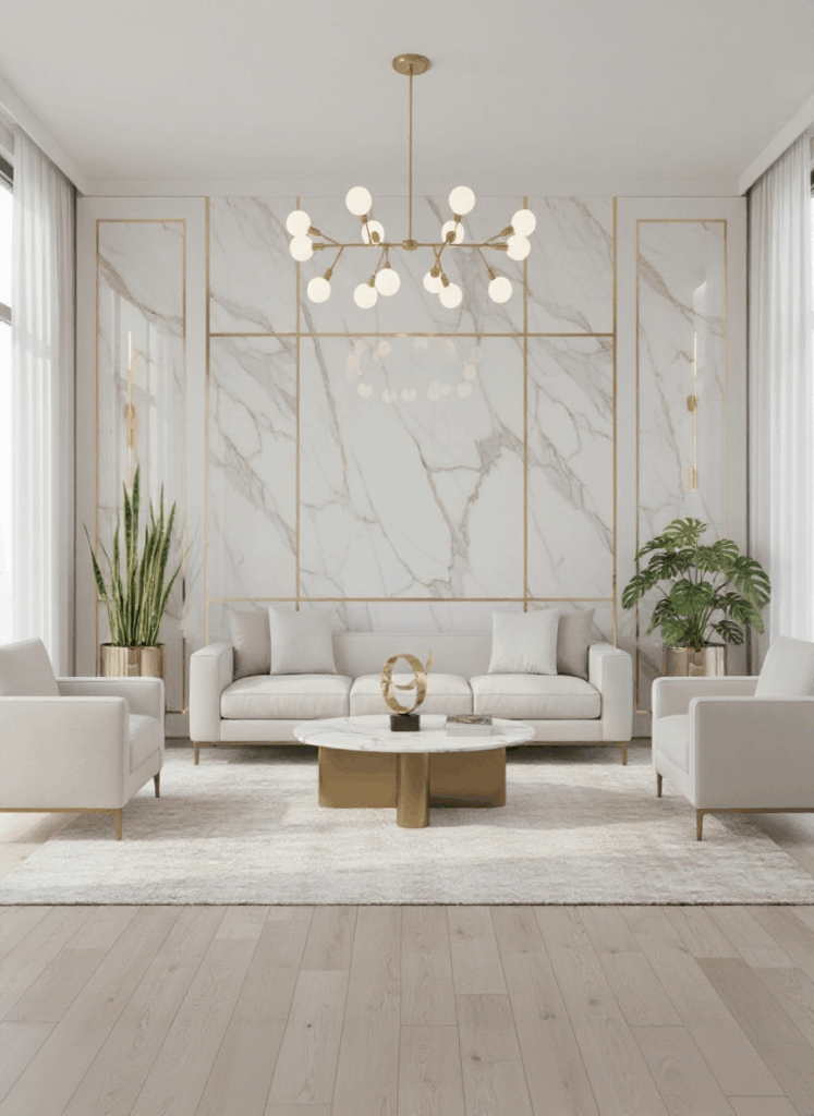 Salon moderne avec panneaux PVC marbre blanc et doré