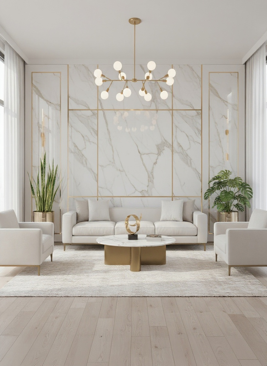 Salon moderne avec panneaux PVC marbre blanc et doré