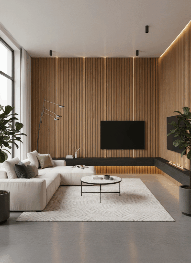 Salon moderne avec panneaux acoustiques en bois (1)