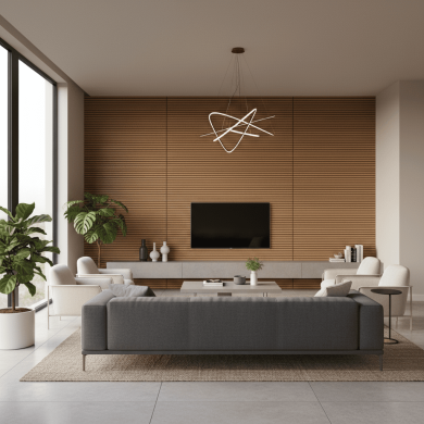 Salon moderne avec panneaux acoustiques en bois