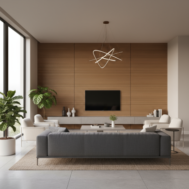 Salon moderne avec panneaux acoustiques en bois